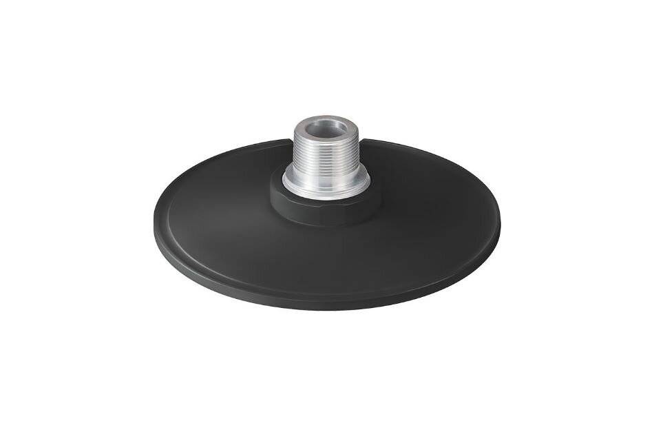 Schwarzes rundes Saugnapf mit einer zentralen silbernen gewindelierten Metallfassung auf einem einfachen weißen Hintergrund.