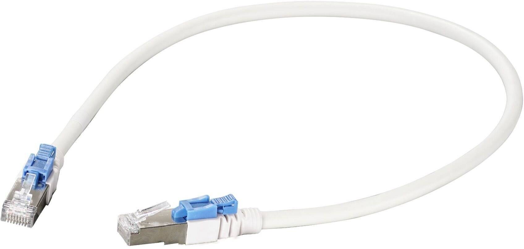 Jetrics jetcat6-abschließbar-05, RJ45 Patchkabel S/FTP,Cat.6A 26AWG BC,LSZH, abschließbar 0,5m, weiß/blau