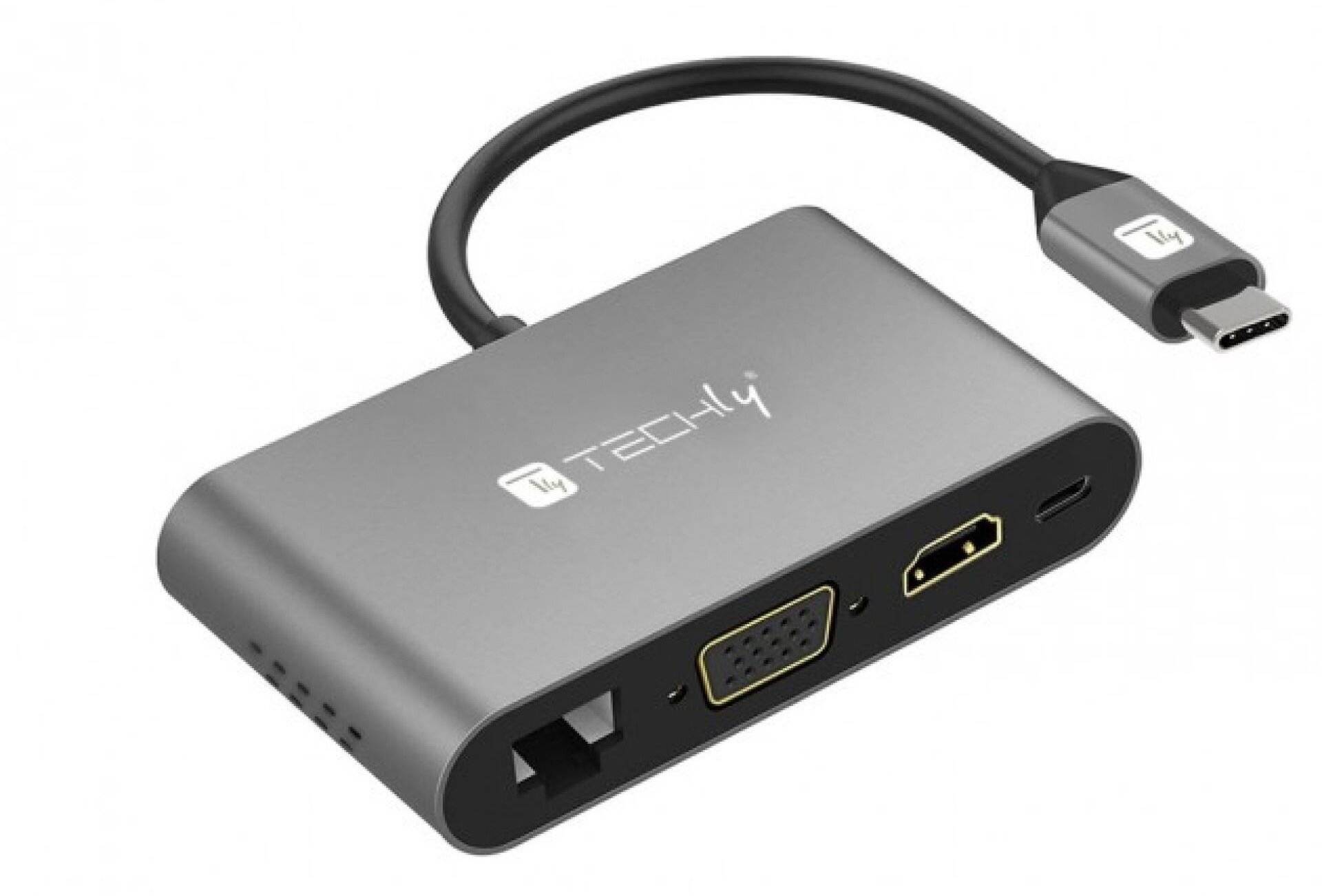 USB-C-Adapter-Hub mit HDMI, VGA, Ethernet und USB-Anschlüssen, gezeigt mit angeschlossenem USB-C-Kabel auf weißem Hintergrund.