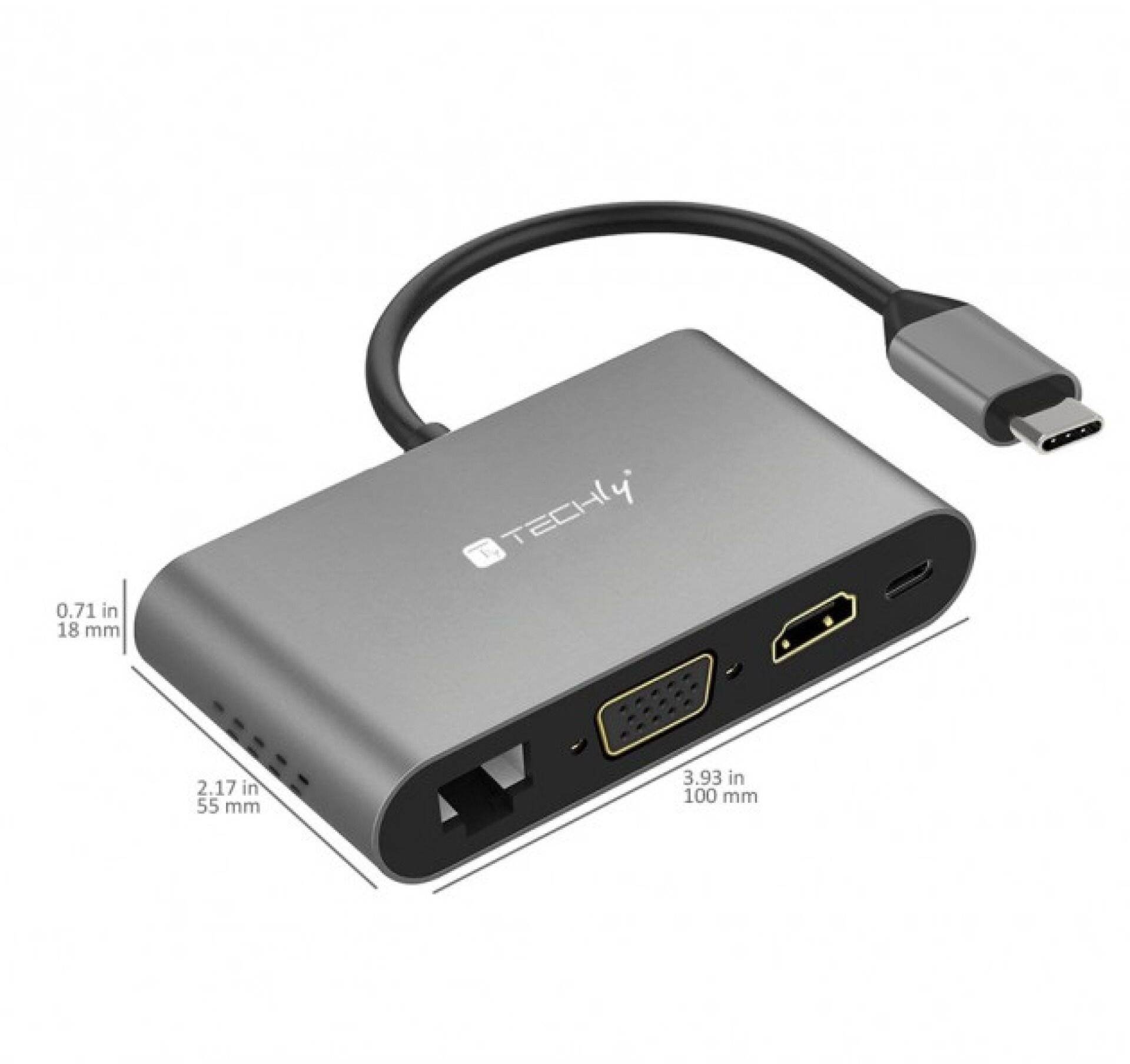 USB-C-Multiport-Adapter mit Ethernet, VGA, HDMI und USB-A-Anschlüssen, dargestellt mit Größenmessungen.