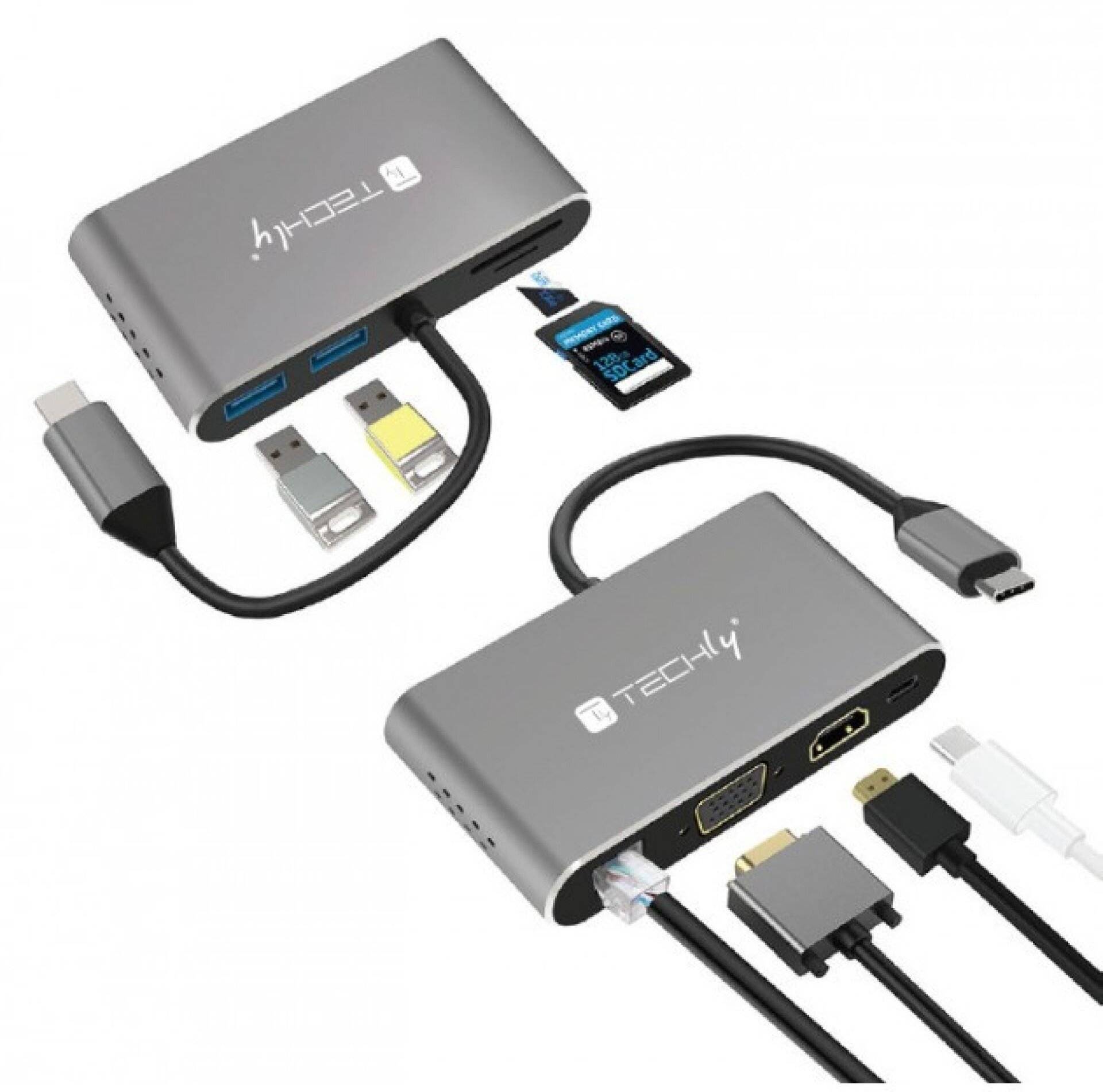 Zwei USB-C-Hub-Adapter mit HDMI, VGA, USB-Anschlüssen, SD-Kartensteckplatz und Ethernet, die mit Laptops und Zubehör verbunden sind.