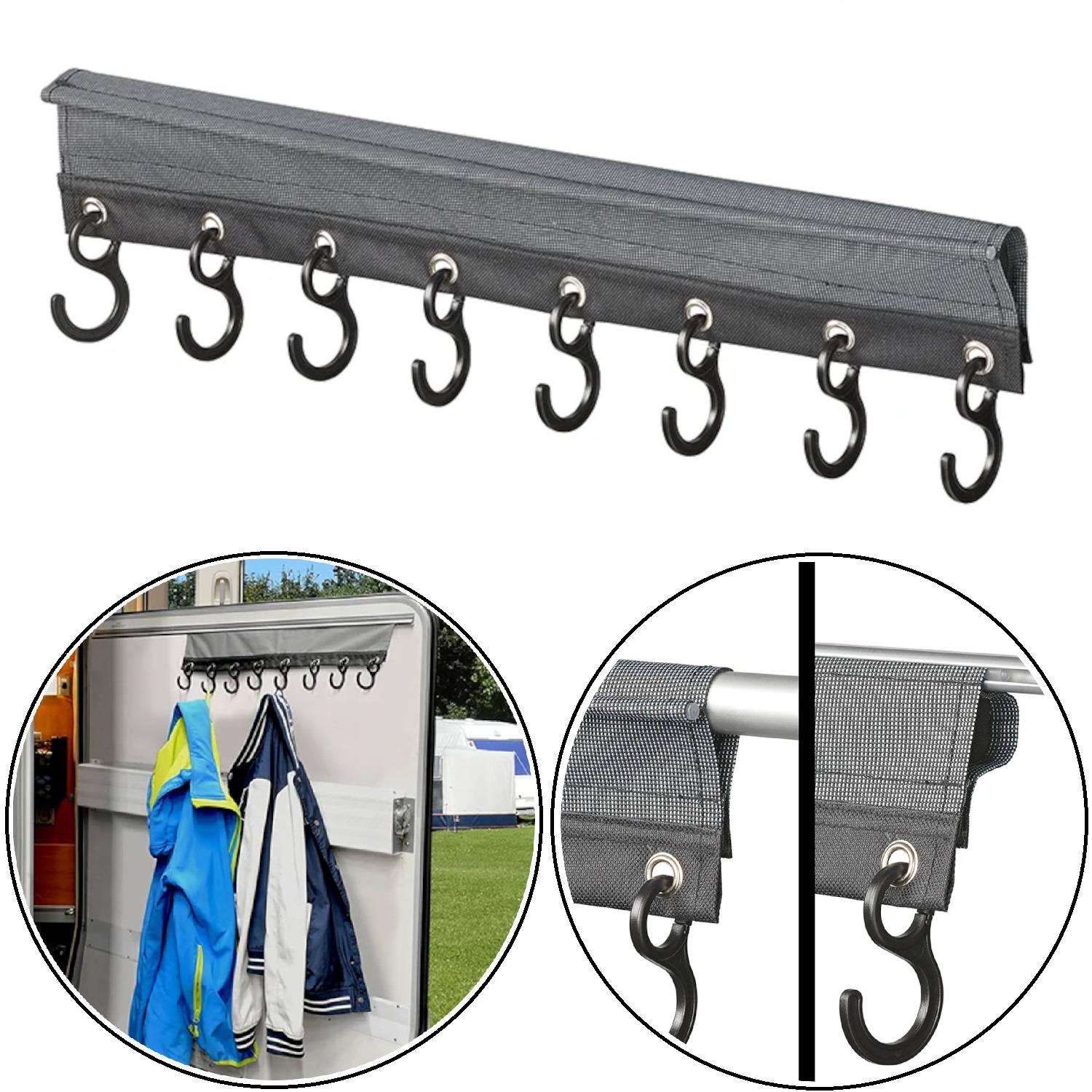 Eine an der Wand montierte schwarze Garderobe mit mehreren Haken zum Organisieren, gezeigt mit hängenden Jacken und Handtüchern, verwendet für effiziente Lagerung.