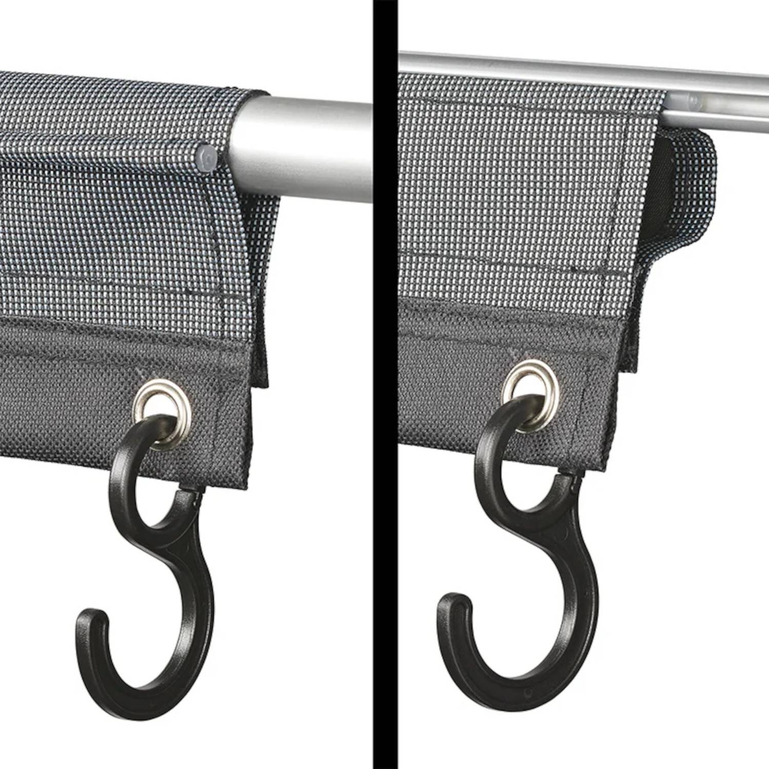 Haken, die an der Oberseite eines Vorhangs mit Ösen befestigt sind und zeigen, wie der Vorhang leicht über eine Stange gleitet.