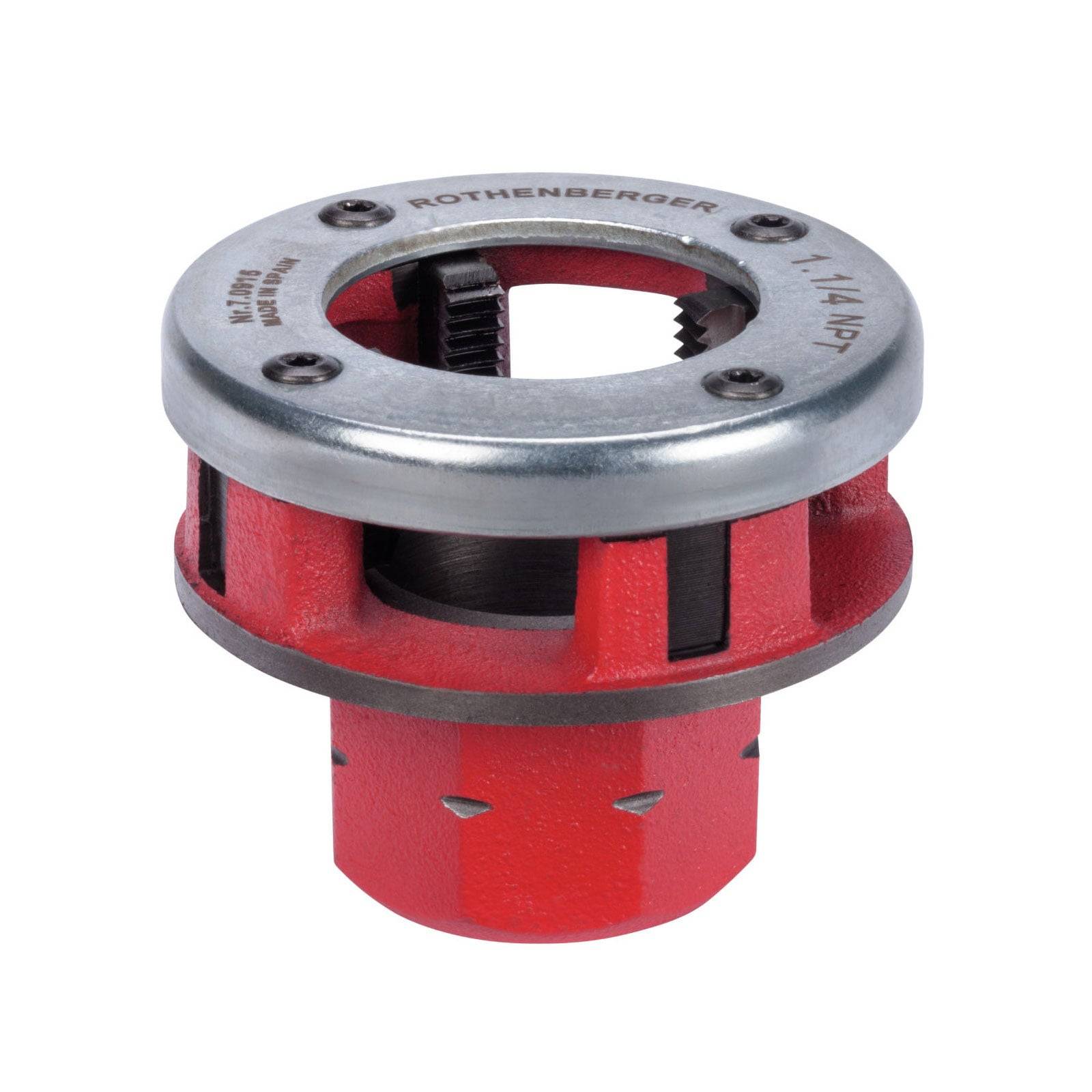 Eine rote und silberne Rothenberger Rohrgängschneidplatte für 1-1/4 Zoll mit sichtbaren Schneidezähnen, verwendet zum Schneiden von Gewinden auf Metallrohren.