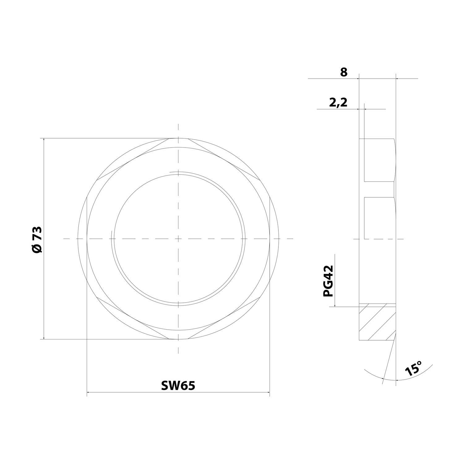 Technische Zeichnung einer Dichtung. Vorder- und Seitenansichten zeigen Abmessungen: 73 mm Durchmesser, 65 mm über ebene Flächen, 2,2 mm Dicke.