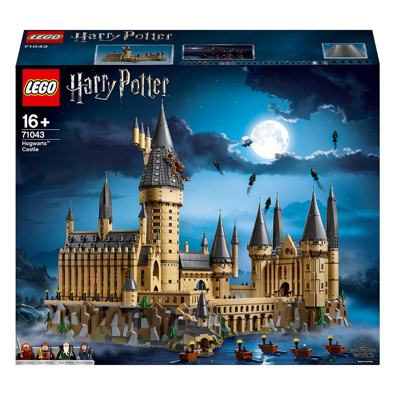LEGO Harry Potter Schloss Hogwarts Schachtel-Design, das ein großes detailliertes Schloss Hogwarts nachts unter einem Vollmond zeigt; Set 71043 für ab 16 Jahren.