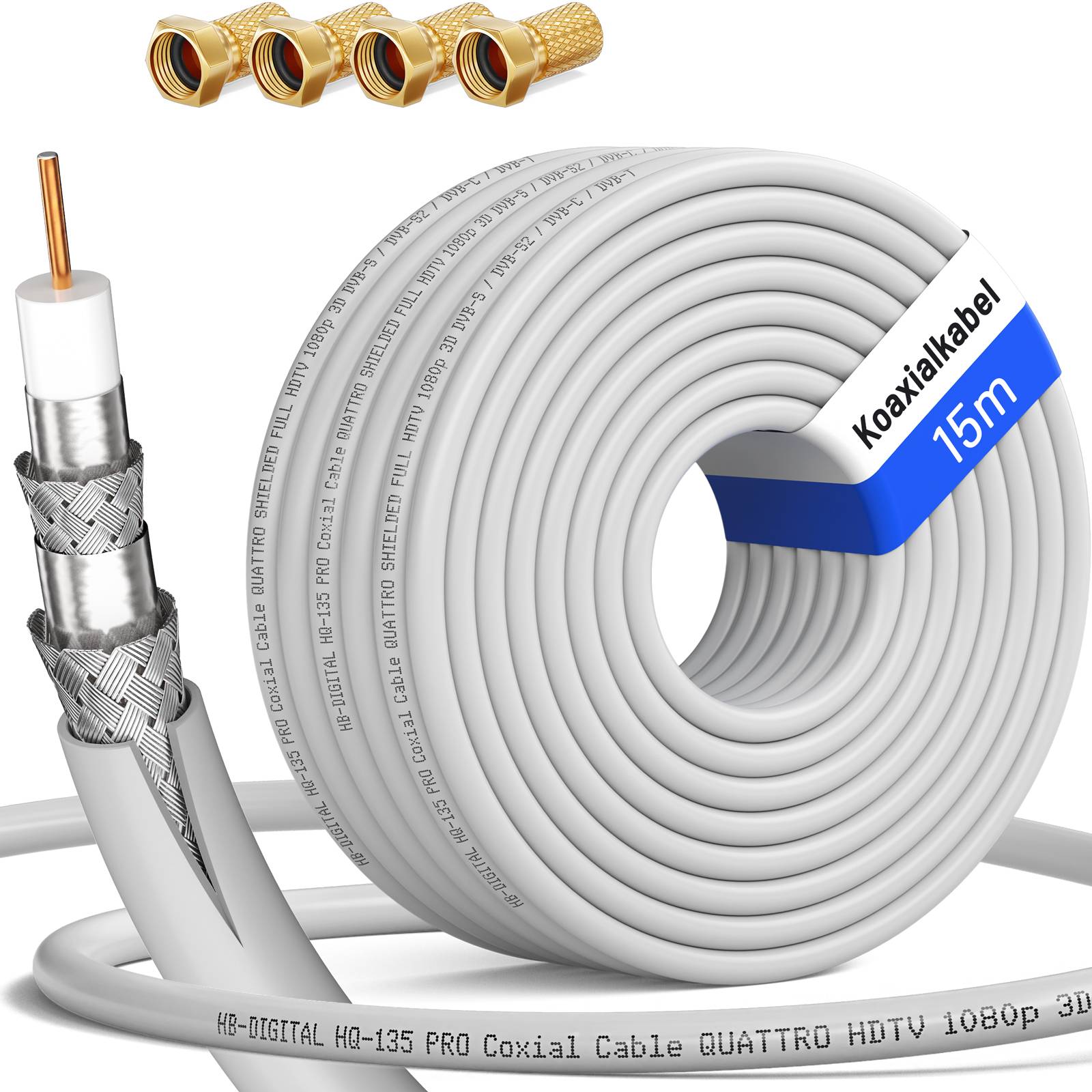 hb-digital 15m Koaxialkabel HQ 135dB 4-Fach Stahl Kupfer weiß + 4 F-Stecker
