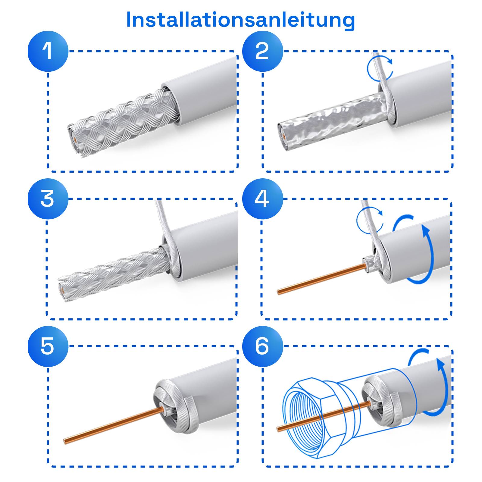 hb-digital 15m Koaxialkabel HQ 135dB 4-Fach Stahl Kupfer weiß + 4 F-Stecker