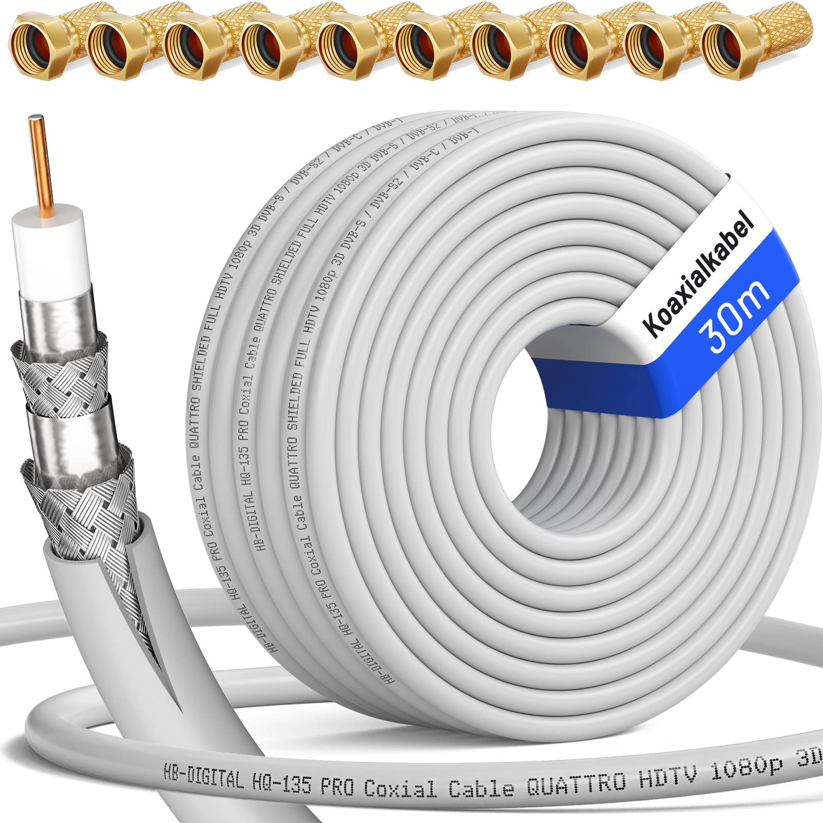 hb-digital 30m Koaxialkabel HQ 135dB 4-Fach Stahl Kupfer weiß + 10 F-Stecker