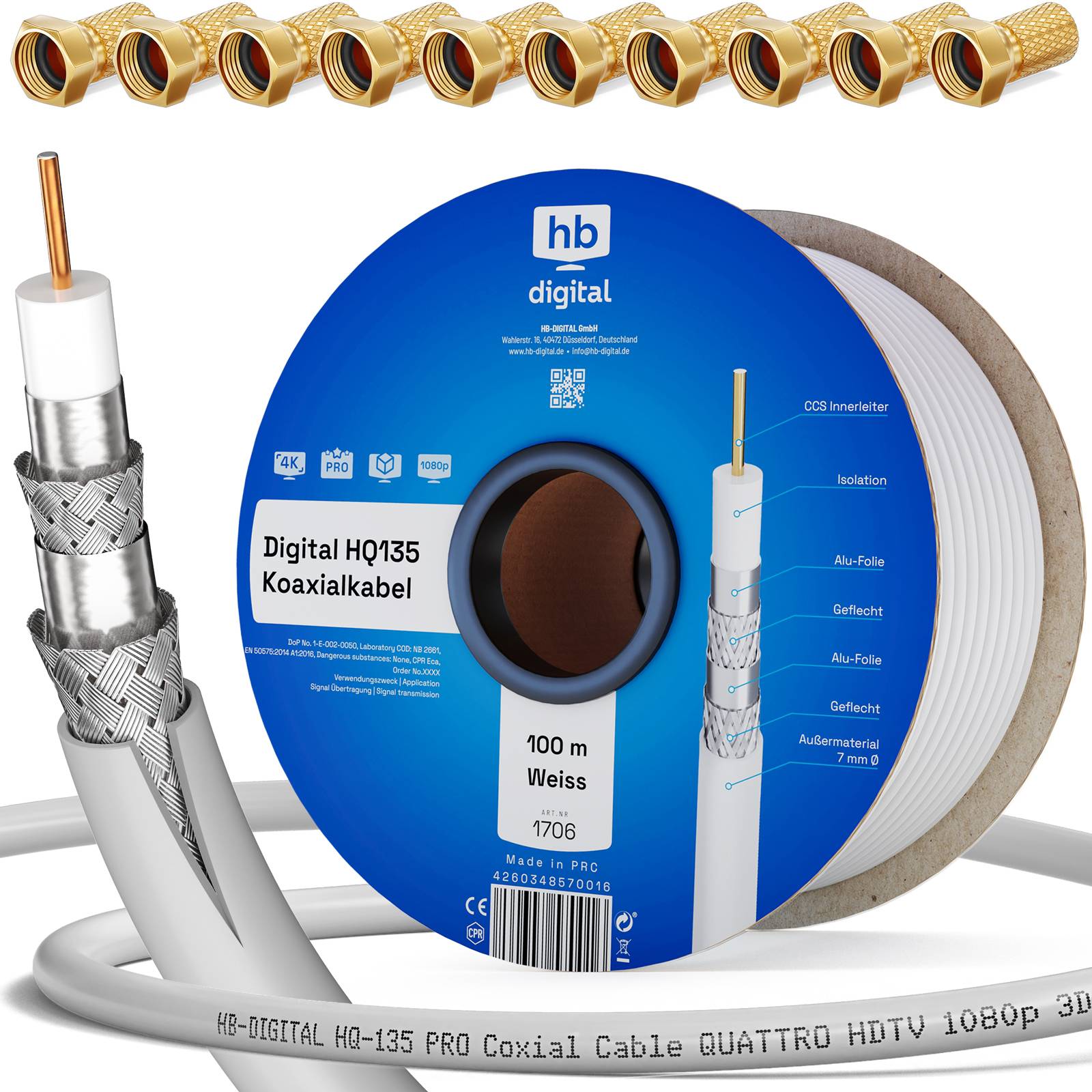 hb-digital 100m Koaxialkabel HQ 135dB 4-Fach Stahl Kupfer weiß + 10 F-Stecker