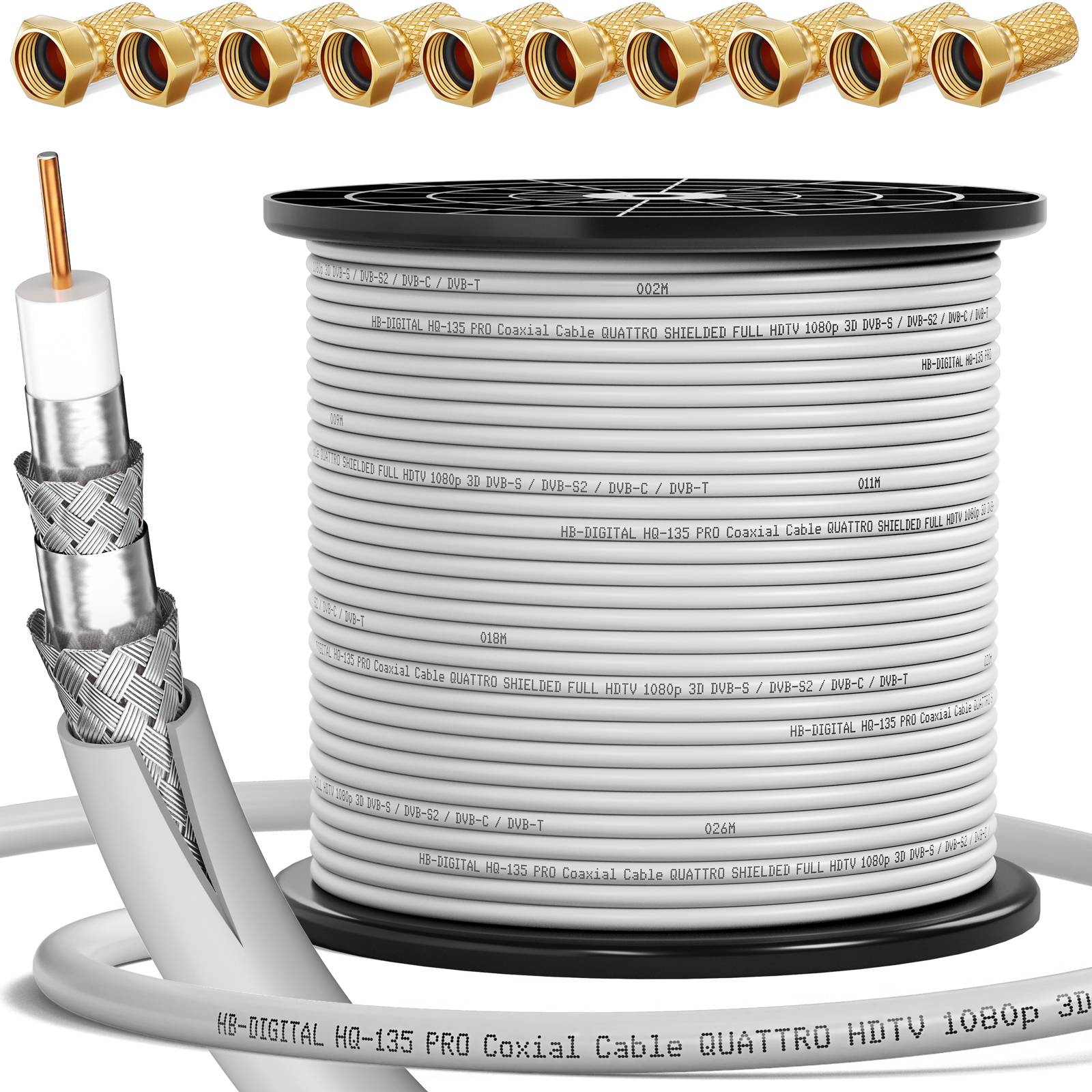 hb-digital 250m Koaxialkabel HQ 135dB 4-Fach Stahl Kupfer weiß + 10 F-Stecker