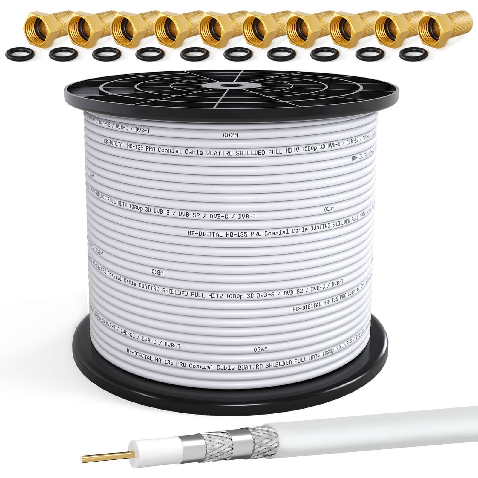 hb-digital 250m Koaxialkabel HQ 135dB 4-Fach geschirmt Stahl Kupfer weiß + 10 F-Stecker