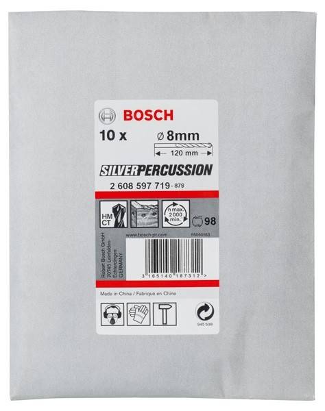 Verpackungsetikett mit 'Bosch Silver Percussion', 10 Bohrer, 8 mm Durchmesser, 120 mm Länge, geeignet für Beton, hergestellt in China.