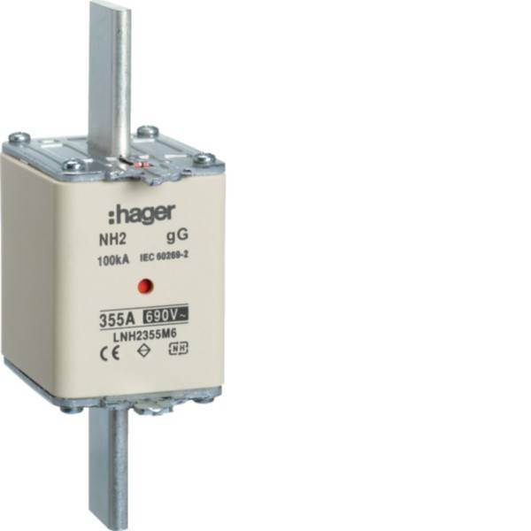 Eine elektrische Sicherung mit einer Nennstromstärke von 355A, 690V im NH2-Gehäuse von Hager, entwickelt für Hochstromschutz in industriellen Anwendungen.
