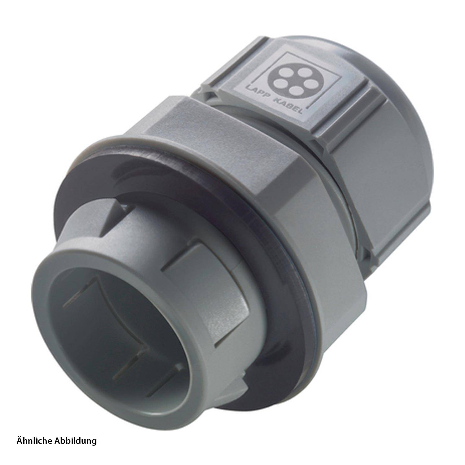 Eine graue Kabelverschraubung mit sechskantiger Grundform und Gewindeverbinder, Marke 'Lapp Kabel'.