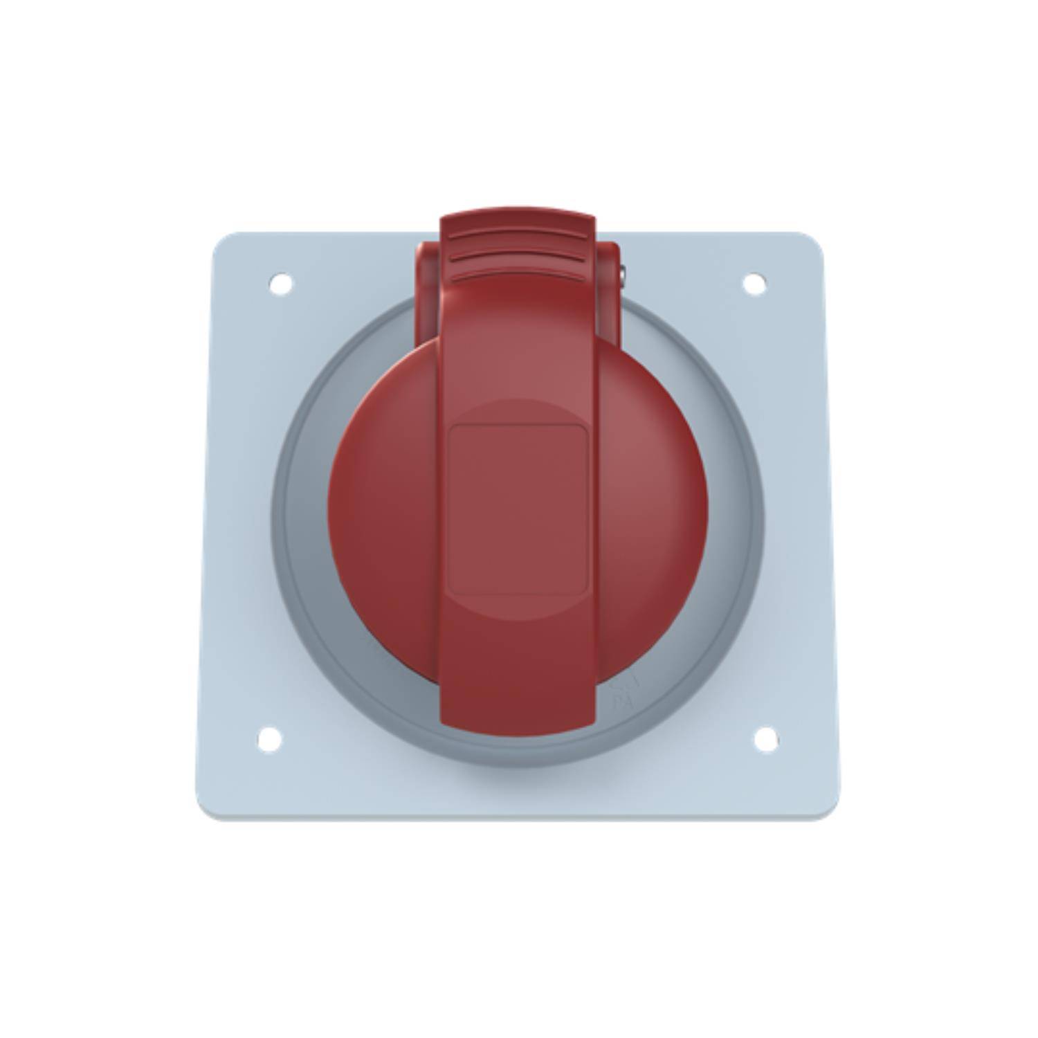 Ein roter kreisförmiger Schalter mit einer Abdeckung auf einer quadratischen Metallplatte. Der Schalter ist zentriert, und es befinden sich vier Schraublöcher an den Ecken der Platte.