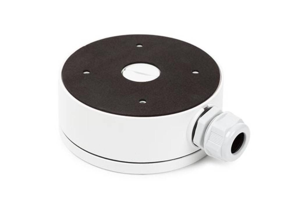 Ein weißer runder Anschlussdosenkasten mit schwarzer Oberseite, mit Kabeleinführung an der Seite, verwendet zur sicheren Unterbringung elektrischer Verbindungen.