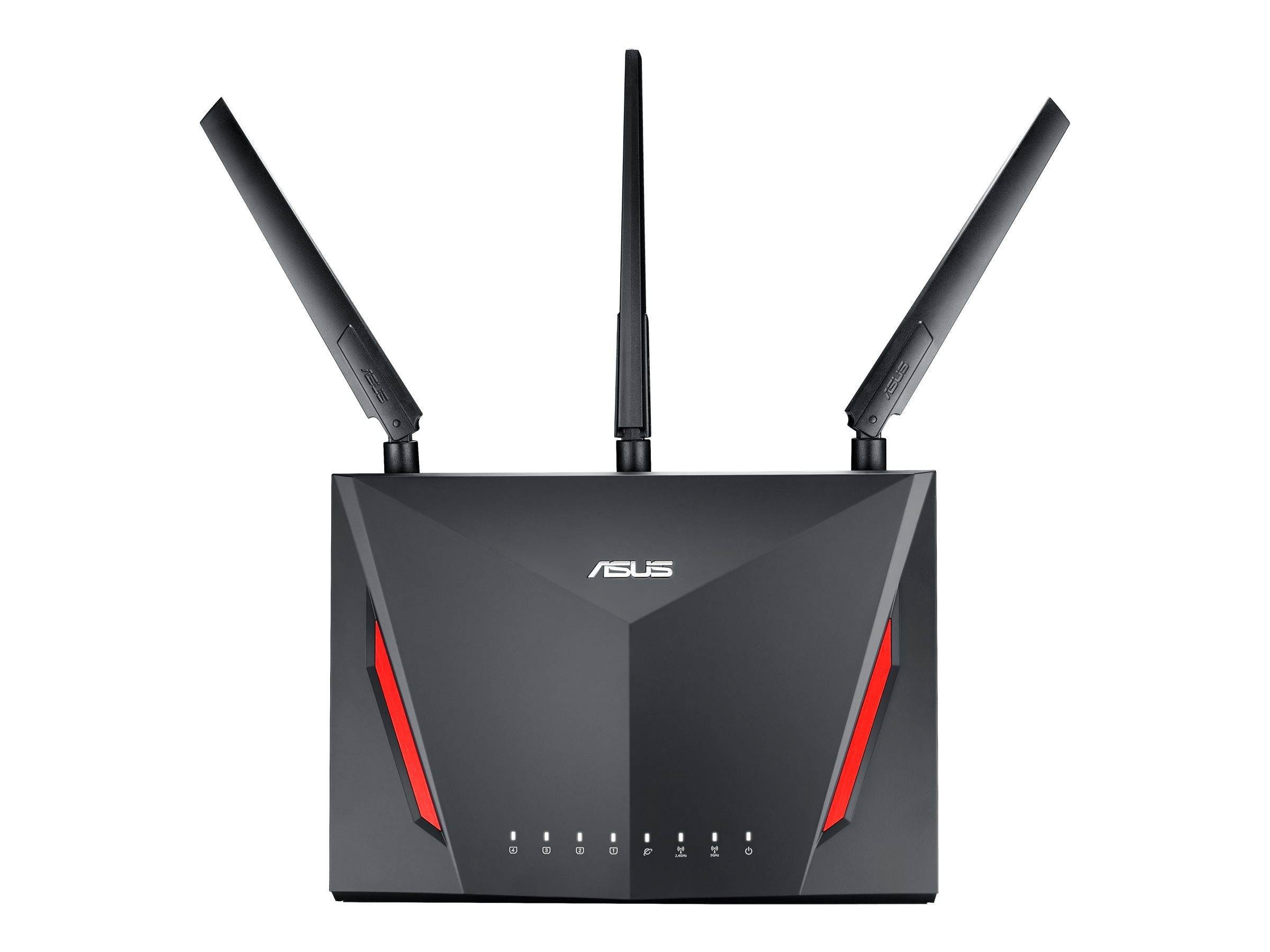 Ein schwarzer WLAN-Router mit drei Antennen, der die Marke 'Asus' trägt, mit roten Akzenten und mehreren Anzeigelichtern auf der Frontplatte.