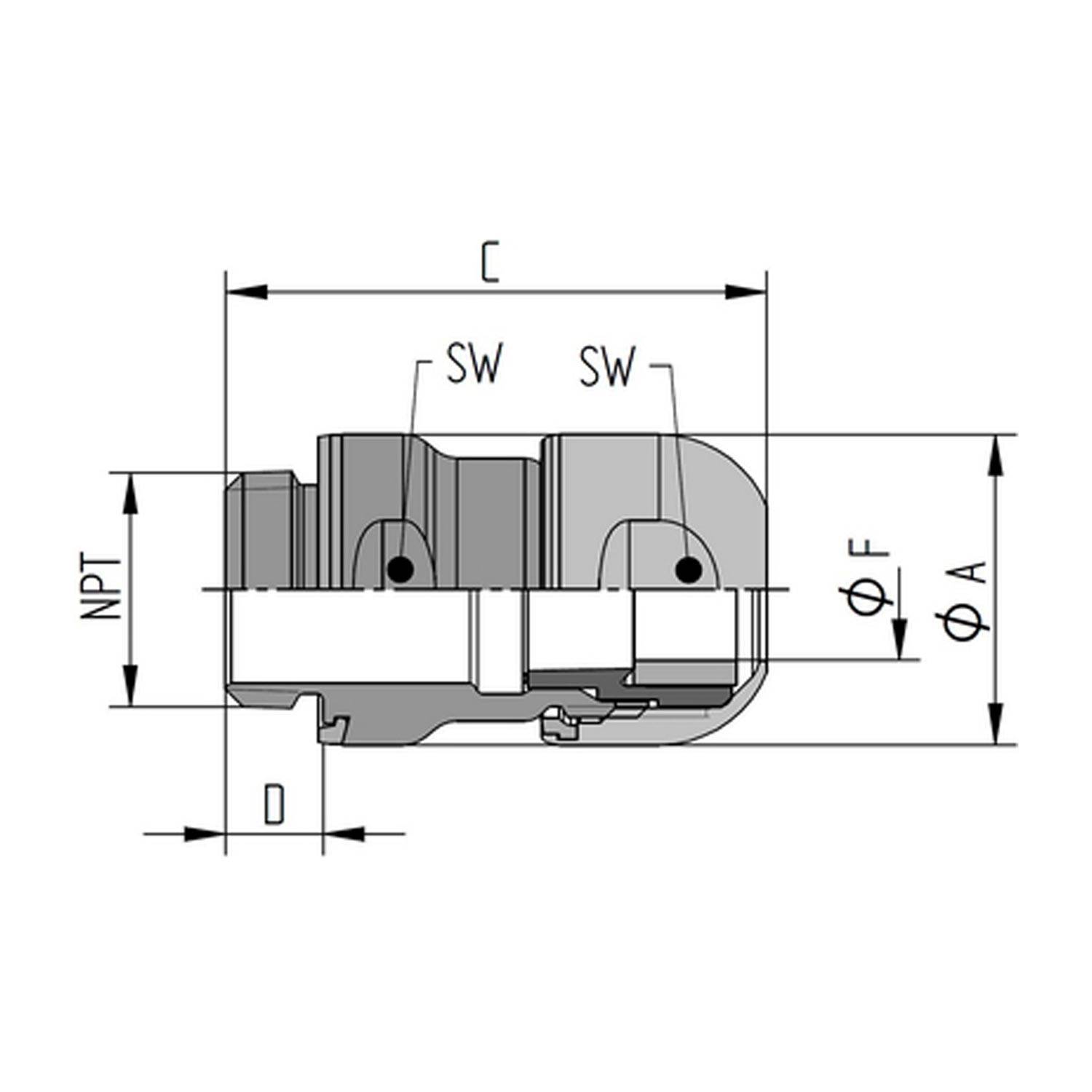 Technische Zeichnung eines mechanischen Teils mit beschrifteten Abmessungen: NPT, SW, D, F, A und C. Sie enthält Kerben und eine kreisförmige Komponente.