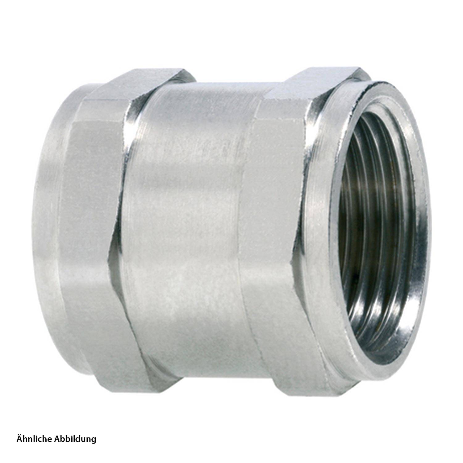 Silberne Metall-Gewinderohrverbindung mit sechseckiger Form, verwendet zum Verbinden von Rohren in sanitären Installationen oder industriellen Anwendungen.