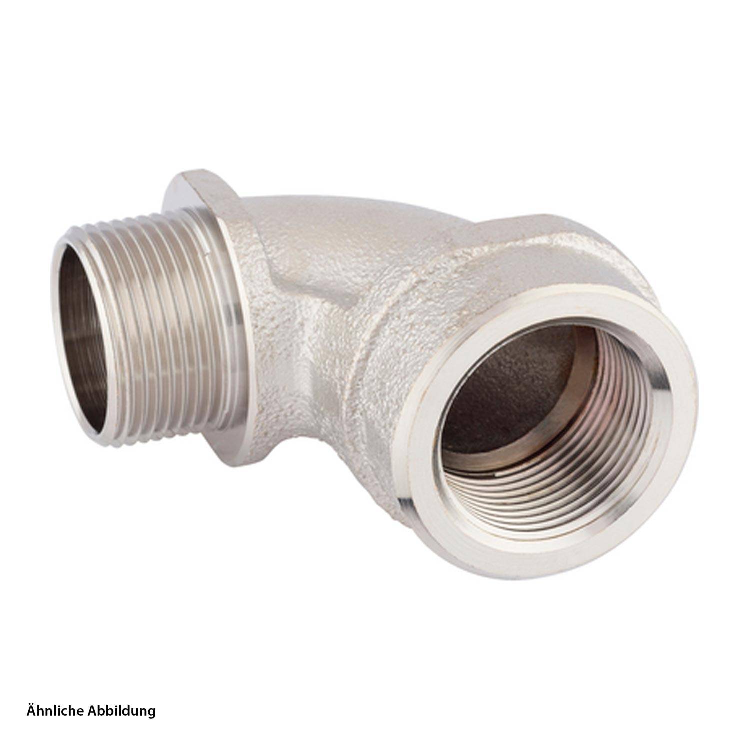 Ein Metall-90-Grad-Rohrbogen mit männlichen und weiblichen Gewinden, verwendet für Sanitär- oder industrielle Fluidsysteme, isoliert auf weißem Hintergrund.