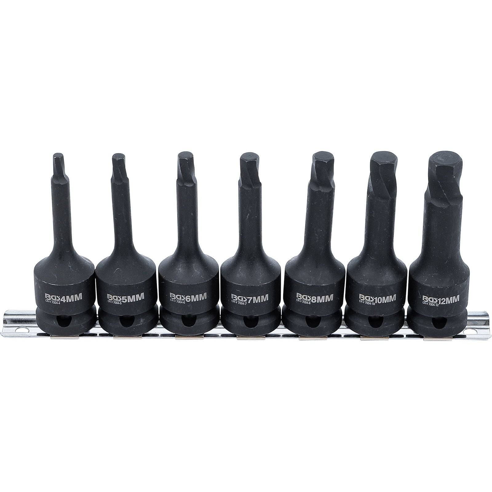 Satz von sieben schwarzen Torx-Bits mit markierten Größen: T20, T25, T27, T30, T40, T45, T50. Auf einer Metallschiene zur Aufbewahrung angeordnet.