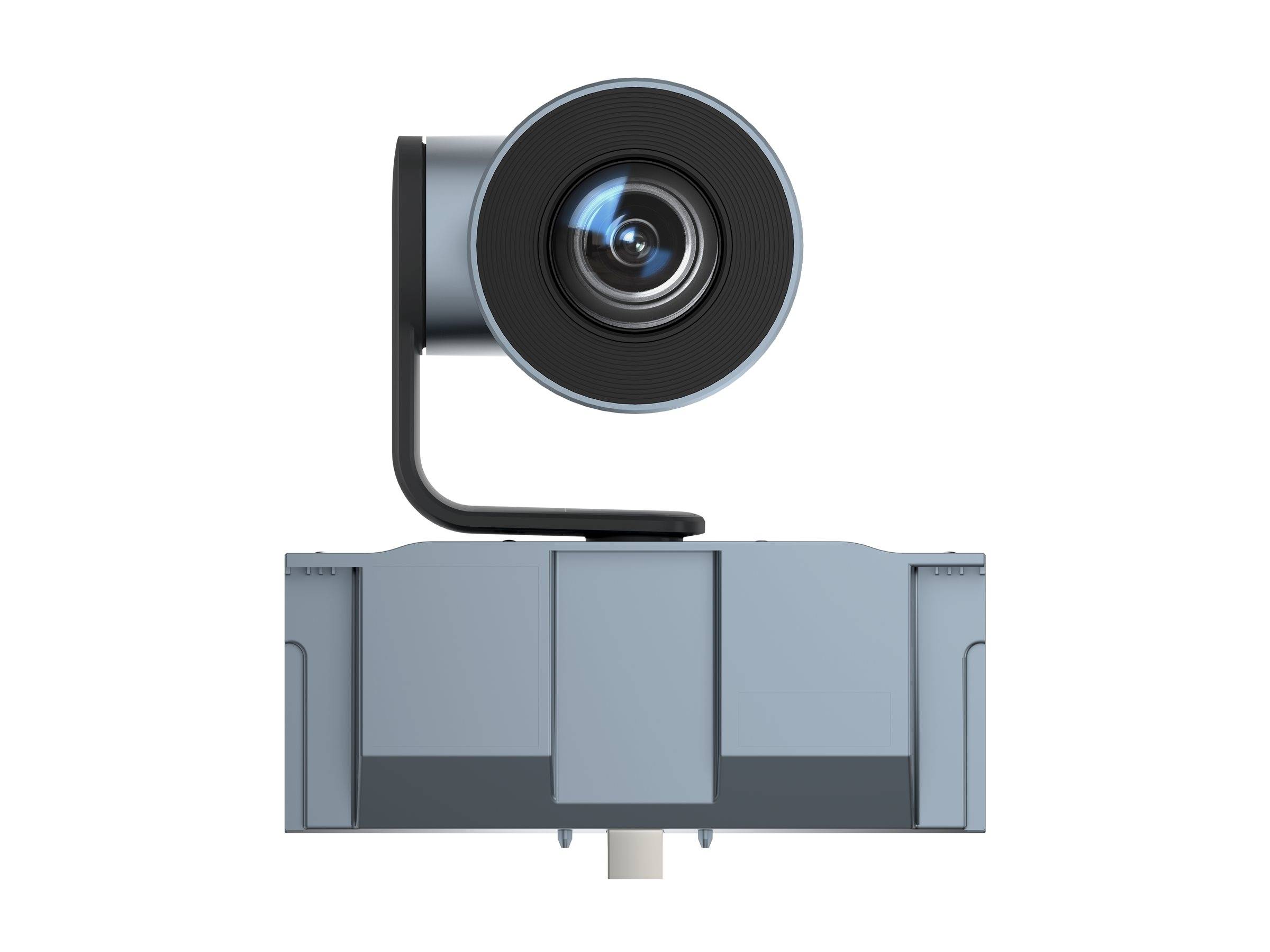 Eine schwarze Webcam oder Sicherheitskamera, die auf einem grauen rechteckigen Sockel montiert ist, von vorne auf weißem Hintergrund gezeigt.