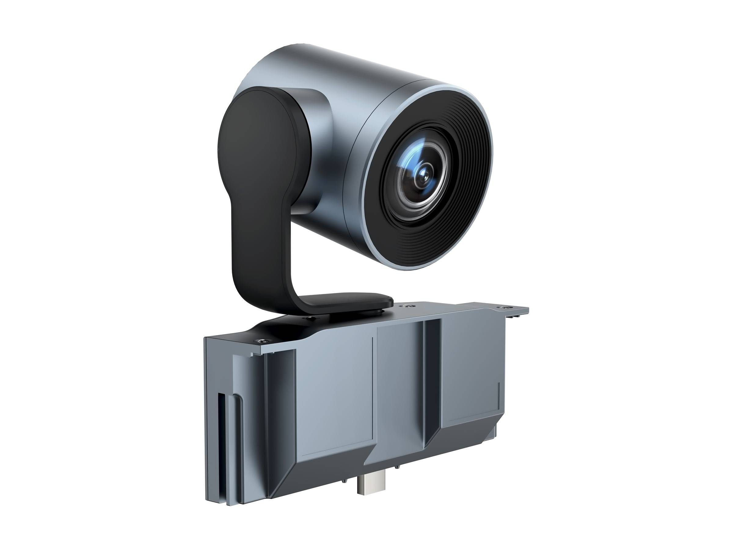 Schwarze Webcam-Kamera auf rechteckiger Basis, in Seitenansicht auf weißem Hintergrund dargestellt.