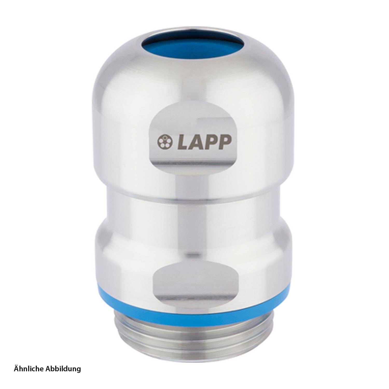 Ein Metallkabeleinführung mit dem sichtbaren 'LAPP'-Logo, mit zylindrischer Form und blauen Akzenten an den oberen und unteren Kanten.
