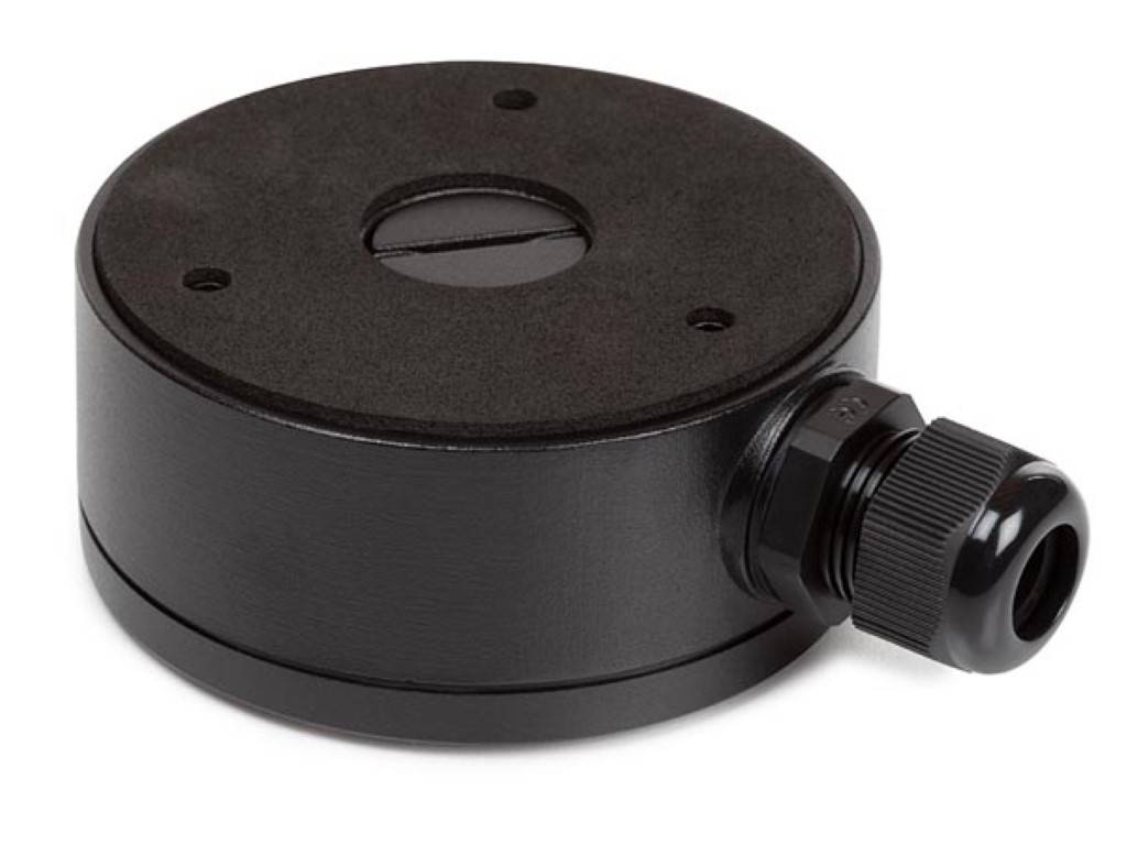 Eine schwarze kreisförmige Montageklammer mit einem Kabelstecker auf der Seite.