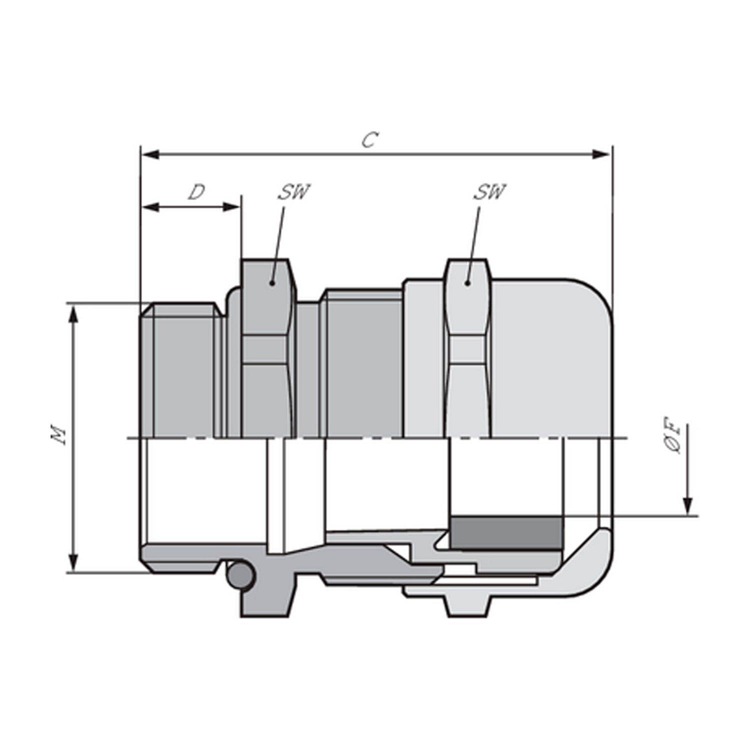 Technische Zeichnung eines mechanischen Bauteils mit beschrifteten Abmessungen C, D, M, SW, ØE. Merkmale umfassen Gewindeabschnitte und zylindrische Teile.