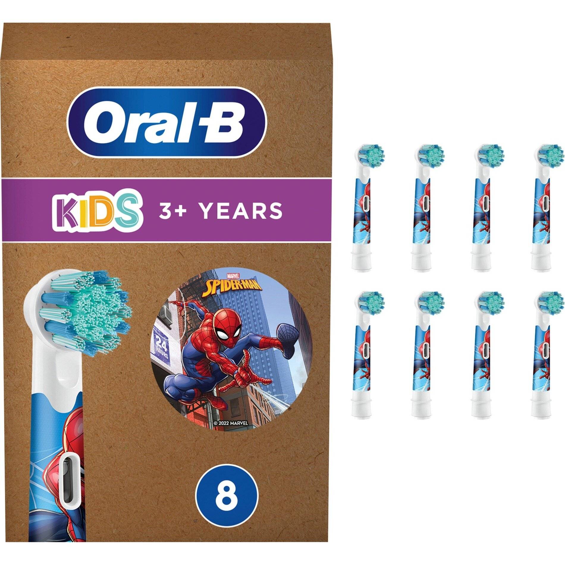Oral-B Kinderzahnbürsten-Set für ab 3 Jahren mit Spider-Man-Design und 8 Bürstenköpfen im Lieferumfang.