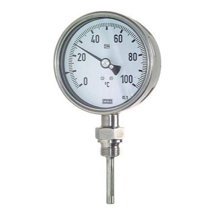 Bimetallthermometer Klasse 1,0 - Anzeigebereich 0°C bis +500°C - Meßbereich +50°C bis +450°C - Tauchschaftlänge 200 mm - Skalenteilung 5°C