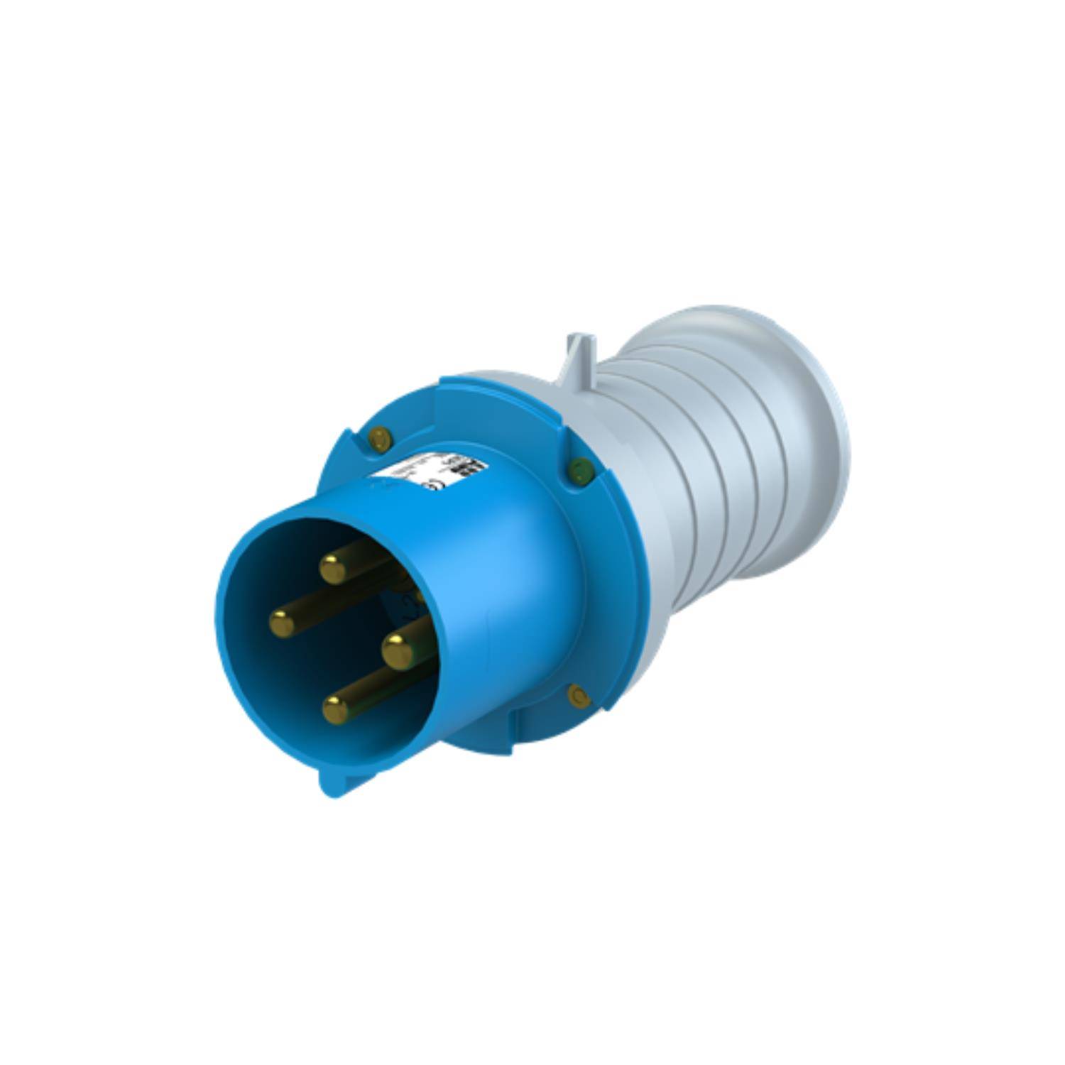 Ein blauer und grauer industrieller Stromstecker mit drei sichtbaren Metallzacken und einer kreisförmigen Gestaltung.