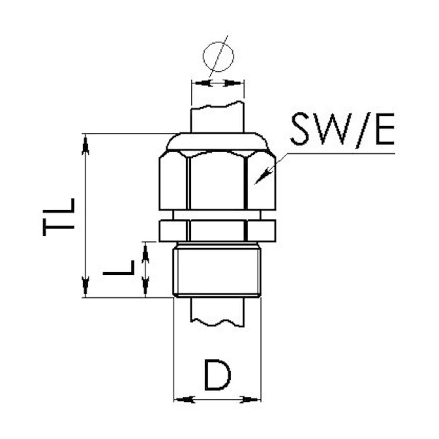 Technische Zeichnung einer mechanischen Komponente mit Beschriftungen TL, L, SW/E und D zur Kennzeichnung von Dimensionen. Kreisförmiger Querschnitt oben in der Mitte mit Querbohrung.