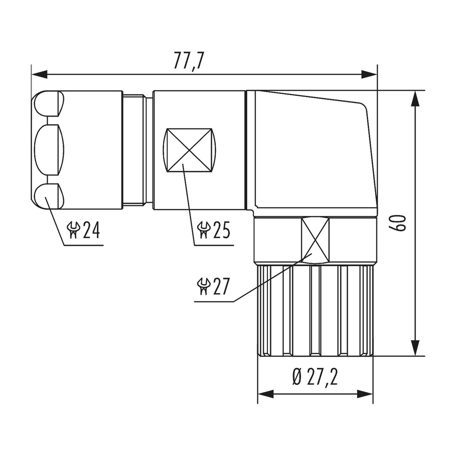 Technische Zeichnung eines mechanischen Bauteils mit Abmessungen: Länge 77,7, Höhe 60, mit beschrifteten Abschnitten für Werkzeuggrößen 24, 25 und 27.