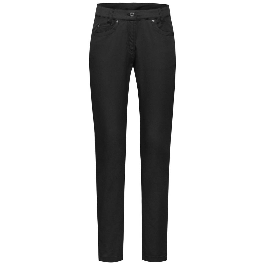 Schwarze Slim-Fit-Hose mit Knopfverschluss und vorderen Taschen, auf weißem Hintergrund dargestellt.