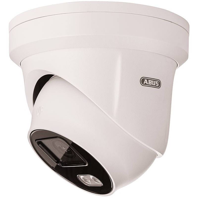 Weiße ABUS Dome-Sicherheitskamera mit schwarzem Objektiv und Sensor, auf neutralem Hintergrund gezeigt.