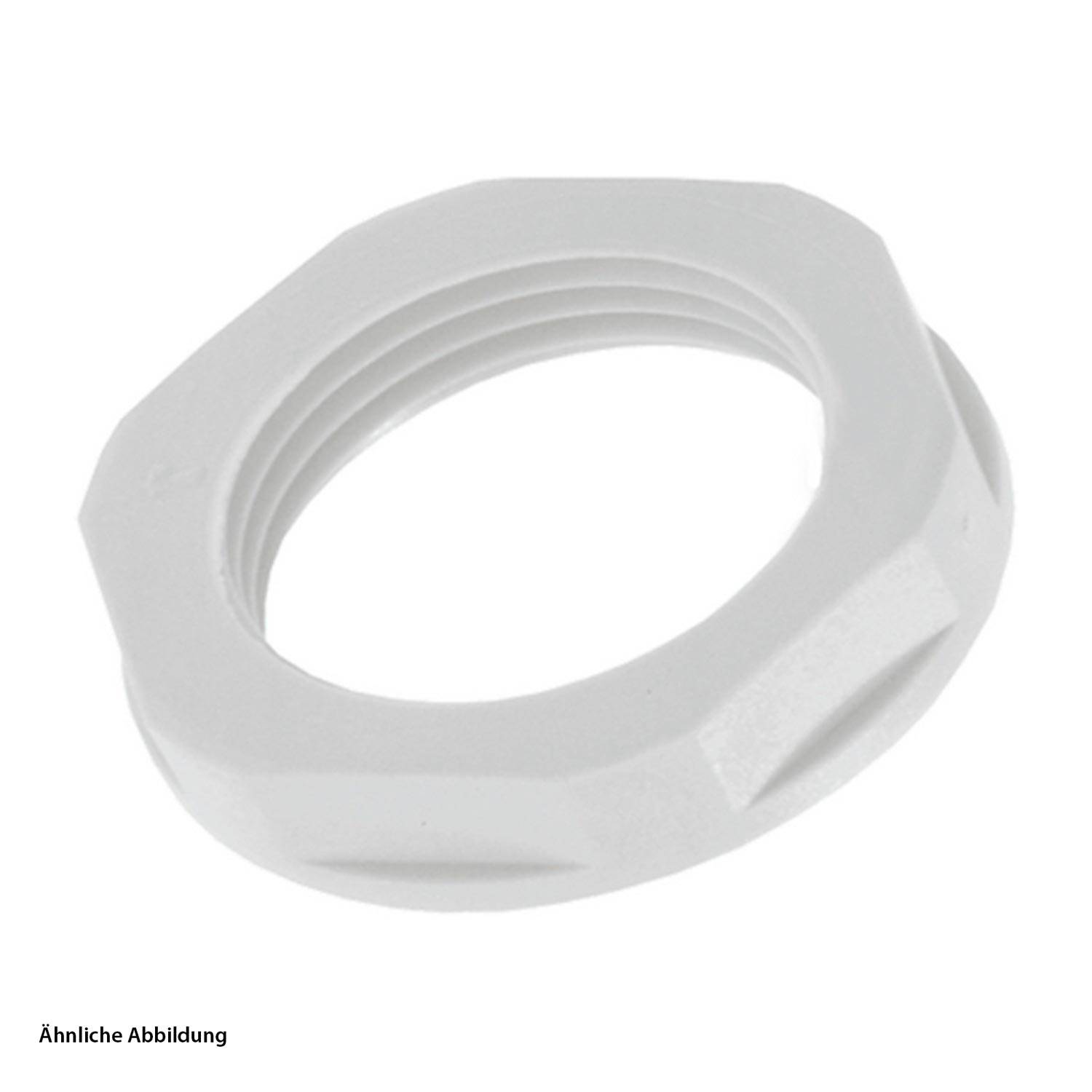 Eine weiße sechseckige Kunststoff-Sicherungsmutter mit Innengewinde, die zum Sichern oder Befestigen von Komponenten in Sanitär- oder Maschinenbauanwendungen verwendet wird.