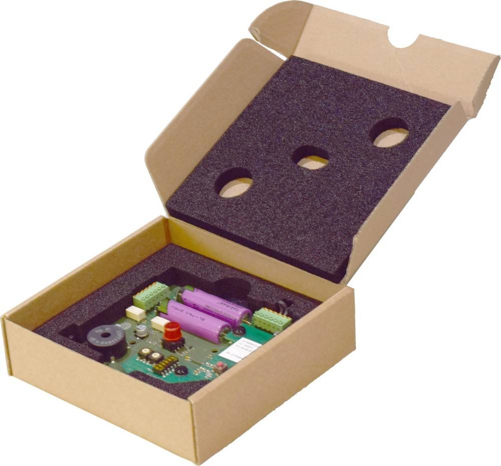 Offene Pappschachtel mit Schaumstoffeinlage, die eine elektronische Leiterplatte und violette Batteriezellen hält, dargestellt als verpackte Komponenten zum Versand oder zur Lagerung.
