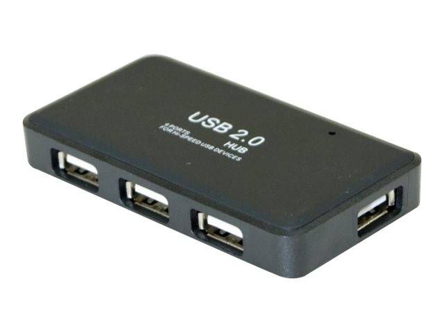 Schwarzer USB-2.0-Hub mit vier USB-Anschlüssen auf weißem Hintergrund.