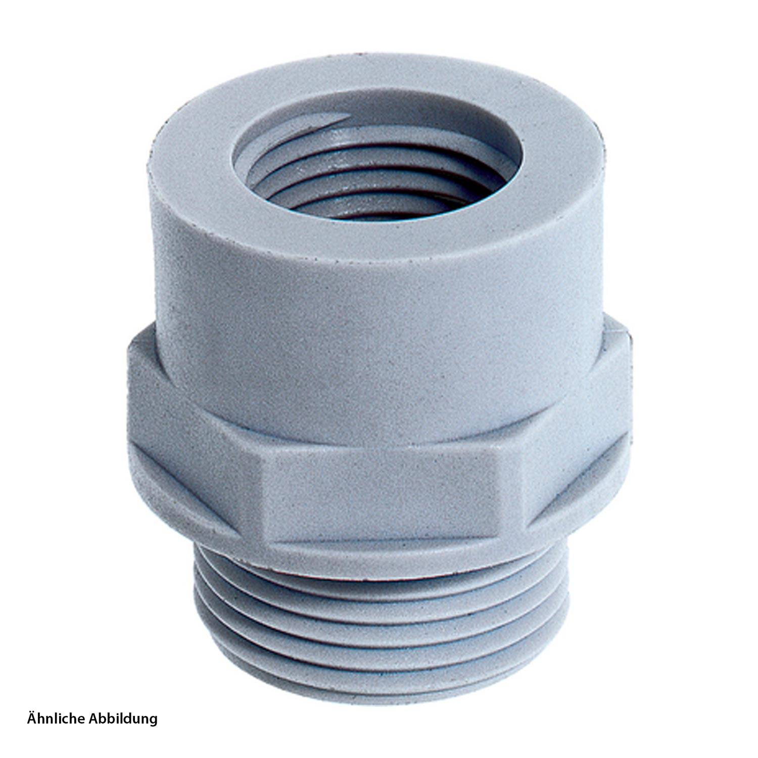 Ein grauer Kunststoff-Gewinderohrverbinder mit einem sechseckigen Mittelteil und Rillen an der Basis.