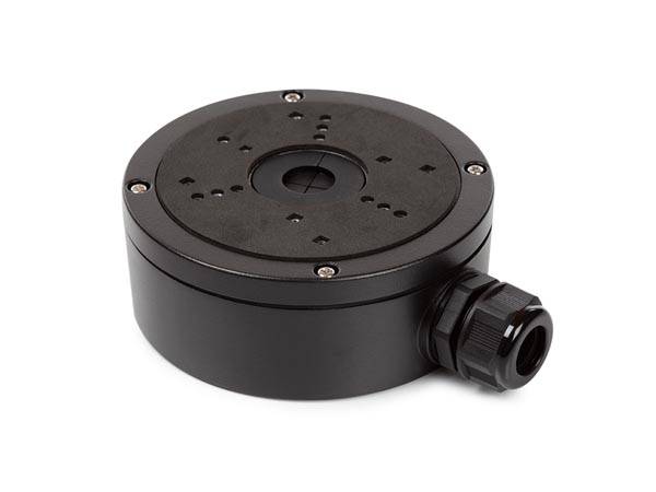 Ein schwarzes, rundes elektronisches Gerät mit Schraubenlöchern oben und einem Anschluss an der Seite, das zur Montage oder zum Gehäuse von Komponenten verwendet wird.