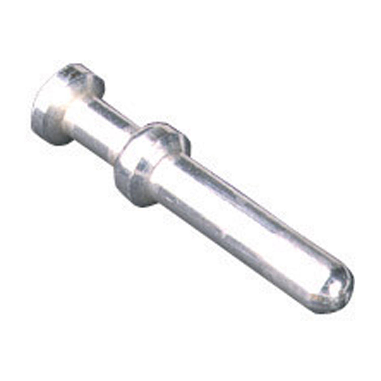 Eine silberne metallische Zylinderstift mit einem breiteren Griffbereich nahe der Oberseite, möglicherweise eine Komponente zum Verbinden mechanischer Teile.