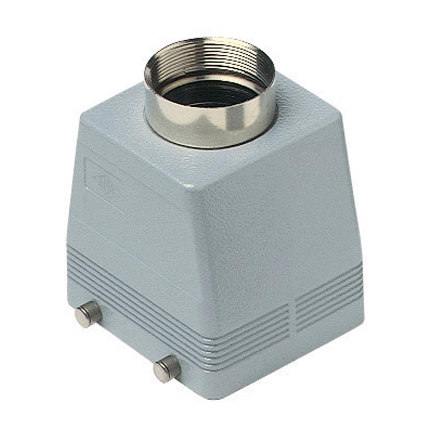 Ein graues Industriesteckergehäuse mit metallischer offener Oberseite und zwei Bodenschrauben, konstruiert für sichere elektrische Verbindungen.