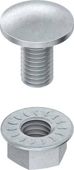 Eine Metallschraube und eine Unterlegscheibe, wobei die Schraube einen zylindrischen, geränderten Körper hat, die gezeigt werden, wie sie vertikal oberhalb der flachen Unterlegscheibe ruht.