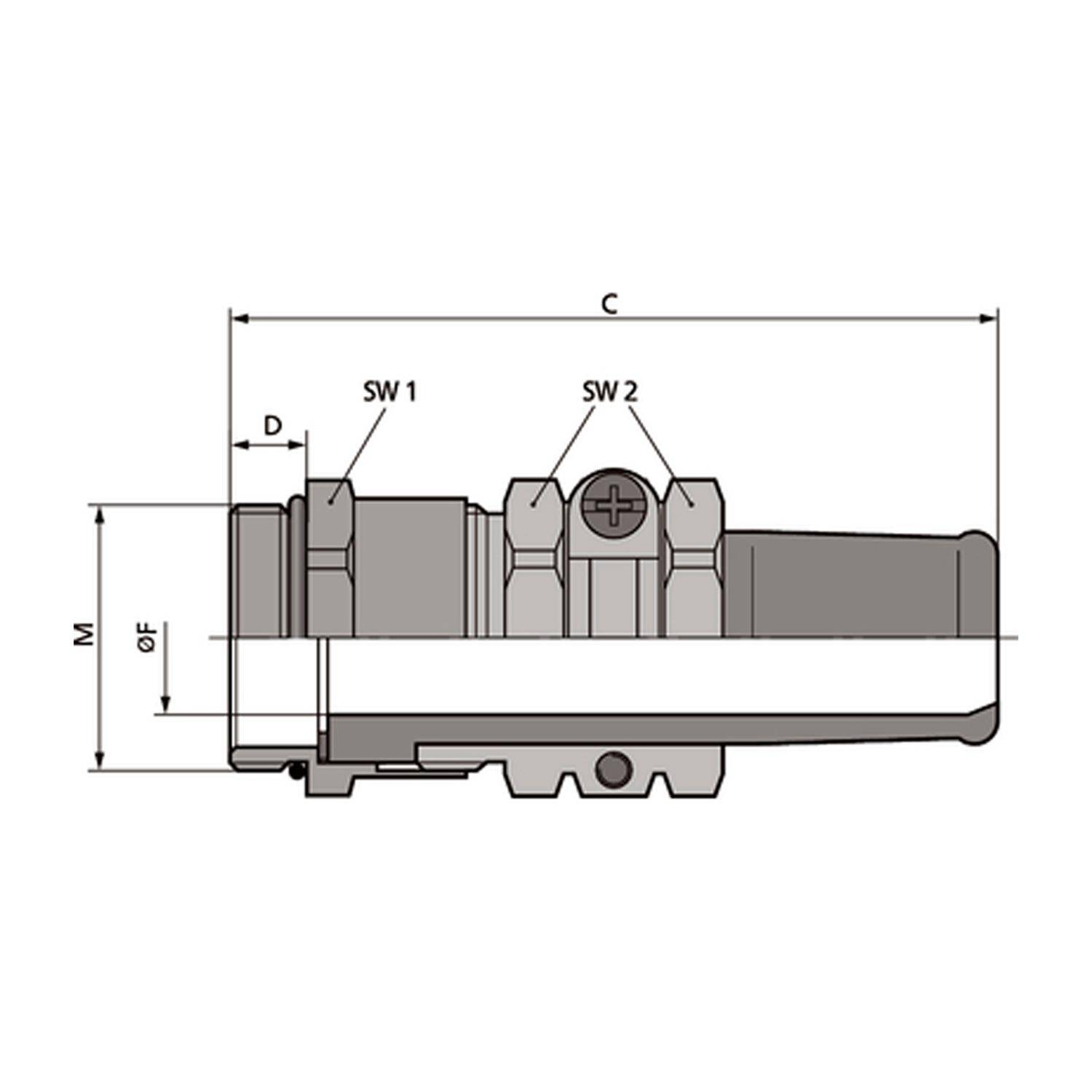 Technisches Schaltplan eines mechanischen Teils mit den Dimensionen C, M, D, SW1, SW2 und GF. Detaillierte Ansicht als Ingenieurreferenz.