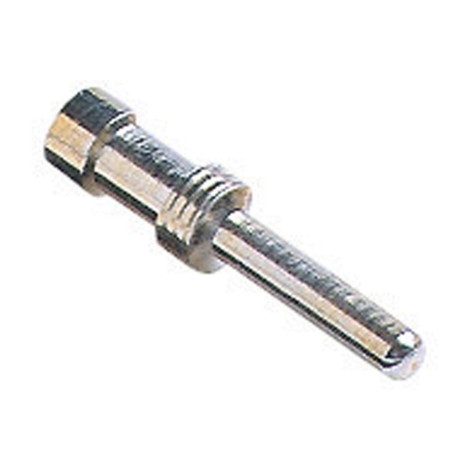 Ein kleines, metallisches stabförmiges Bauteil mit einer zylindrischen Form und einem gerippten Mittelabschnitt, möglicherweise ein mechanischer oder elektronischer Verbindungsstift.