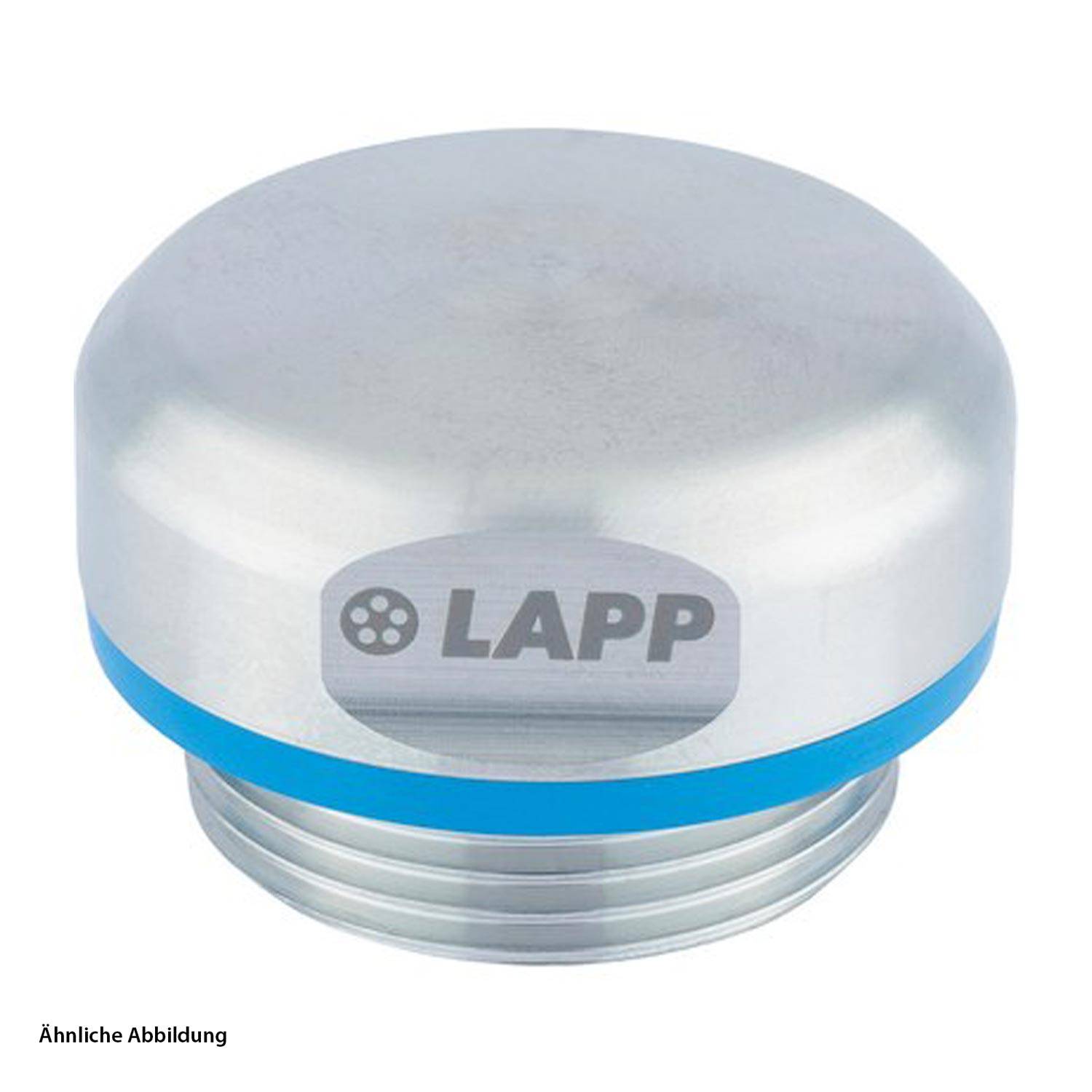 Eine metallische zylindrische Kappe mit einem blauen Ring und dem Logo 