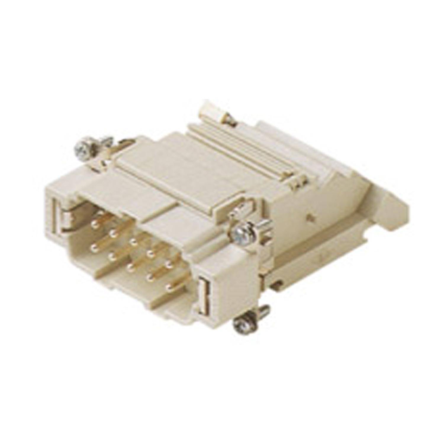 Ein beiger elektronischer Stecker mit mehreren Stiften für elektrische Verbindungen, konzipiert zum Anschließen von Kabeln an Geräte oder Systeme.